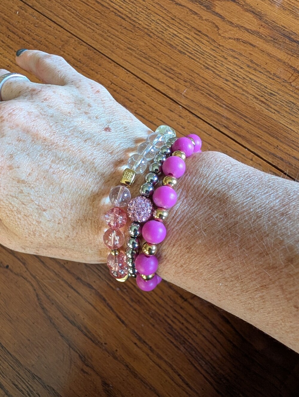 Rustic Cuff 3pc Pink Beaded Bracelet Stack Gold Silver Crystal Boho OS